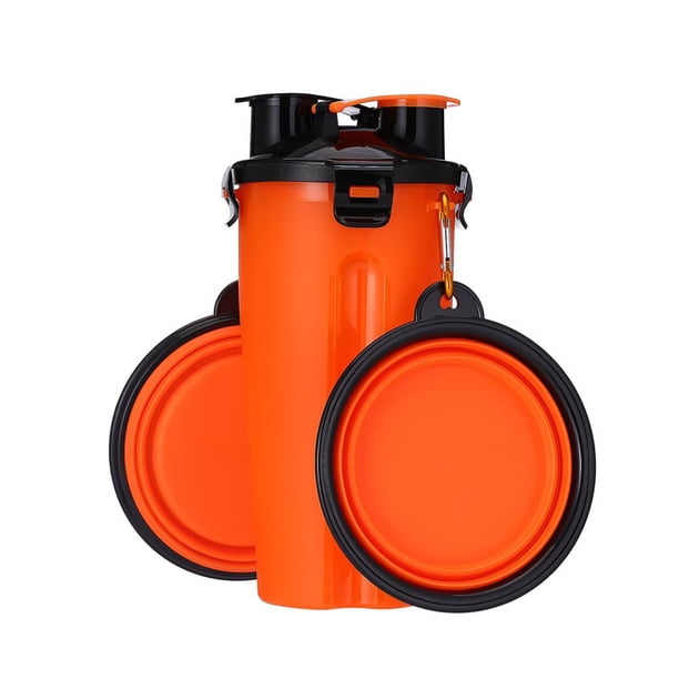 Botella de agua para perros con 2 cuencos plegables, botella portátil 2 en 1 para agua y comida para perros, gatos y mascotas, botella de viaje para paseos, ejercicio, senderismo y acampada (naranja)