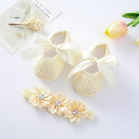 

MEROTABLE Baby Girls Flats Dress Shoes with Bowknot Infant Crib Shoes Baby Girl Shoes with Hair Band Walking Shoes Anti-Slip Sole Newborn Shoes