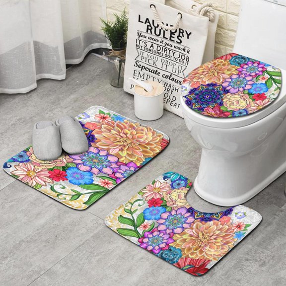 Mandala Pioneer Flower Collage Bathroom Rugs Sets 3 Piece,Toilet Cover Set,Absorbent Non Slip Bathroom Mats Sets with U-Shaped Contour Rug Toilet Rug Set