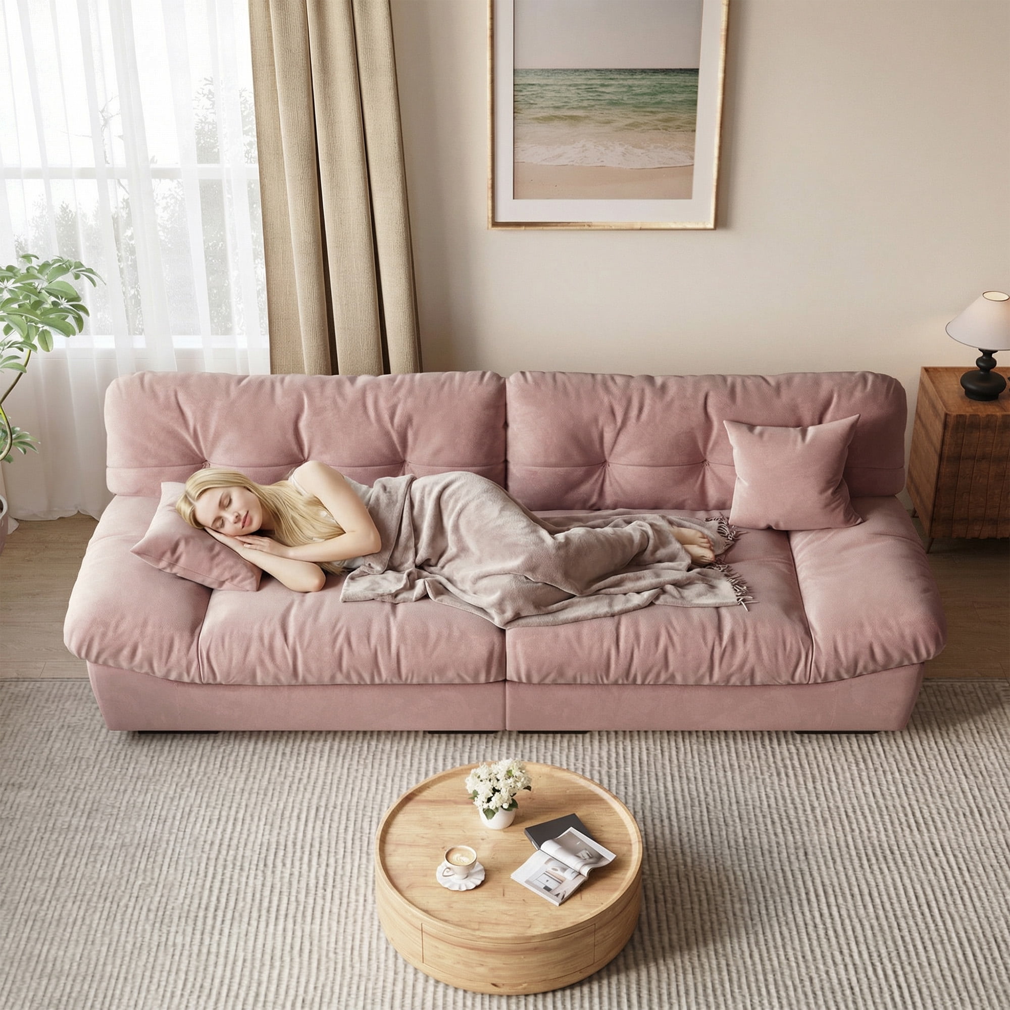 Magic Home 105" Cloud Sofa,Modern Velvet Couch,3-Seat Sofa for Living Room,Apartment and Small Space,Pink