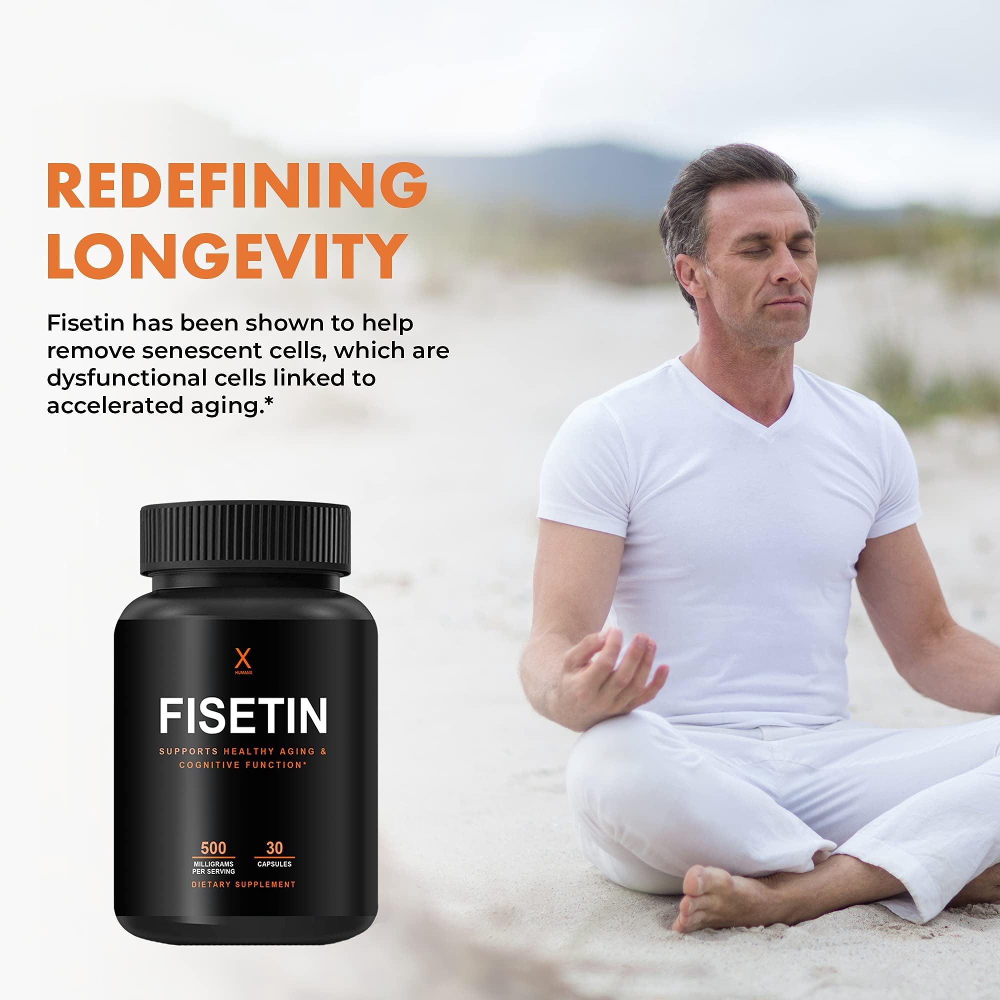 Fisetin 500mg - Fisetin Supplement (Similar to Apigenin, Luteolin, Quercetin) Senolytic Activator - Sirtuin Activator - Bioflavonoid Polyphenols - Non-GMO, Vegan, Lactose Free, Soy Free - by HumanX