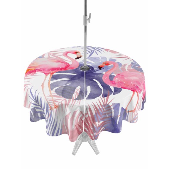 Outdoor Tablecloth with Umbrella Hole for Patio/Picnic/Party/Camping, Flamingos Waterproof Table Cloth Round Cover Washable, Purple Summer Monstera Leaves Tropical Vintage (Dia 60")