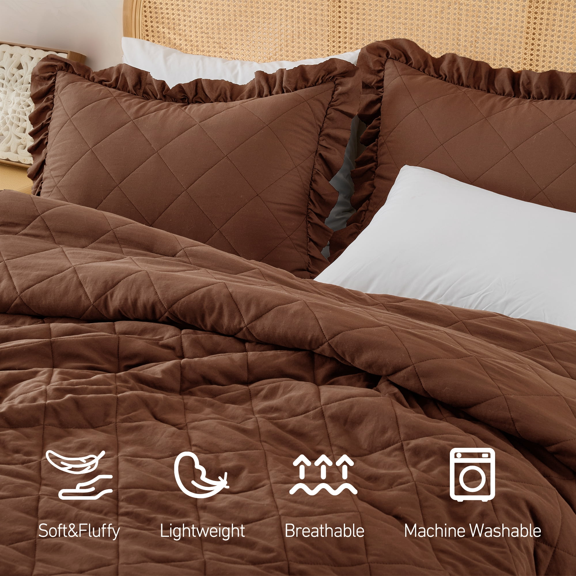 Regency Heights Full/Queen Comforter Set Brown, 3 Pieces Quilted Ruffle Comforters Full/Queen Size, Solid Bedding Comforters Sets, Gift for Women