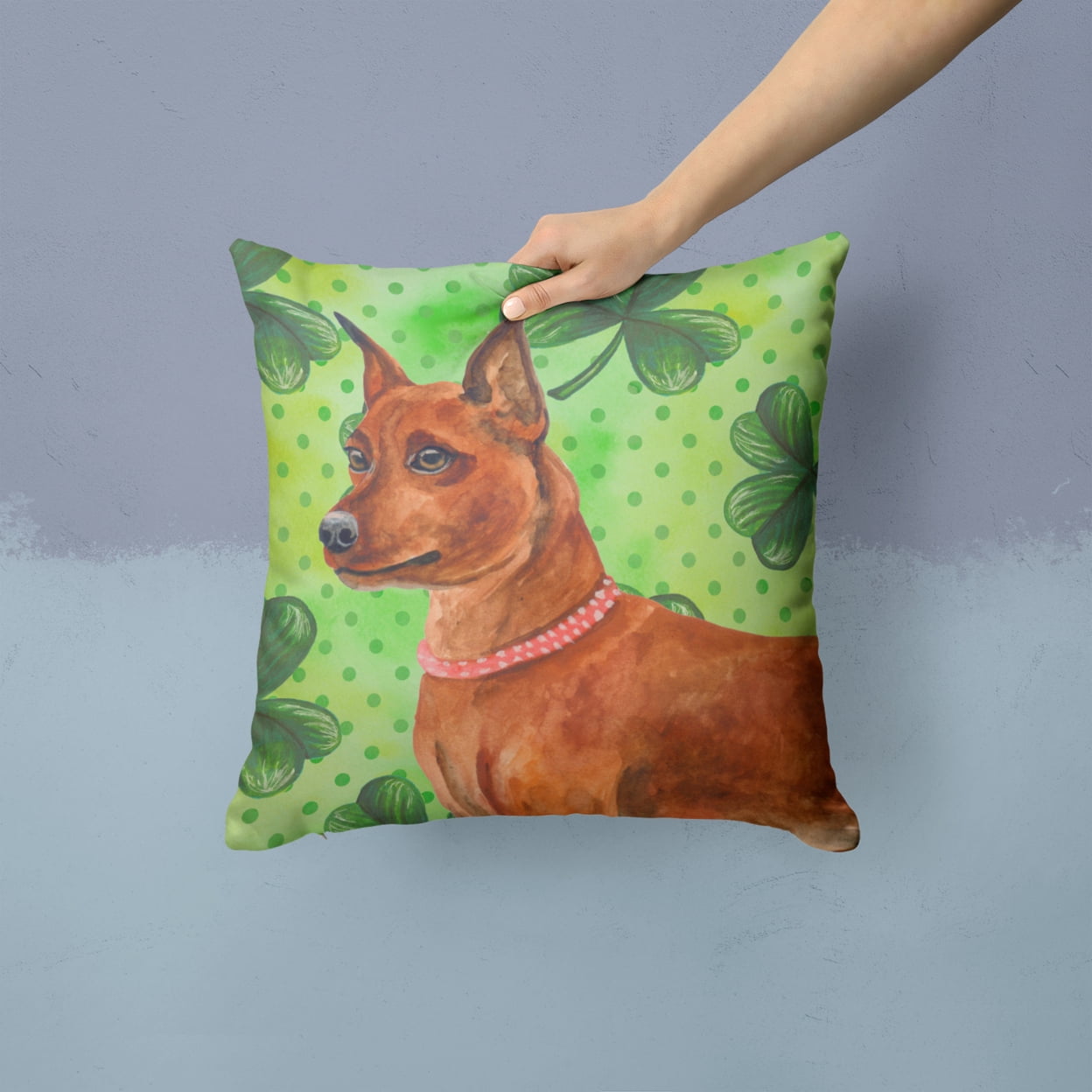 Carolines Treasures BB9830PW1414 Miniature Pinscher St Patricks Fabric Decorative Pillow 14Hx14W multicolor