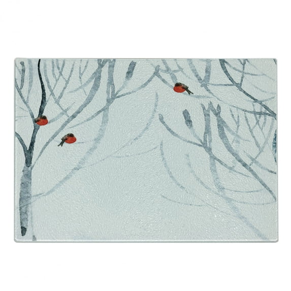 Modern Cutting Board, Trees Water Colored Image of Winter Woods with Bullfinches Print, Decorative Tempered Glass Cutting and Serving Board, Small Size, Pale Grey White, by Ambesonne
