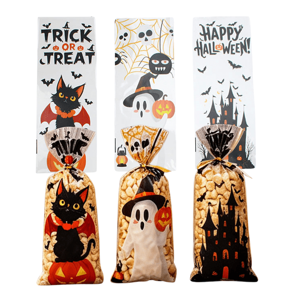chaungfeng Halloween Cellophane Treat Bags, 100pcs Clear Candy Bags with 100 Silk, Pumpkin Ghost Popcorn Gift Bag for Halloween Party Supply