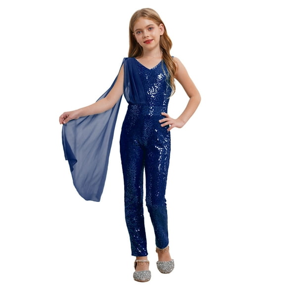 YiZYiF Girls Sequin Jumpsuits Tween Sparkly Party Sleeveless Dance Formal Romper Bodysuit One Piece Navy Blue 8