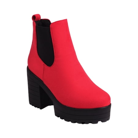 KIJBLAE Women s Ankle Boots Chunky Heel Comfortable Stylish Boots Side Pull On Suede Faux Leather Block Heel Winter Boots Red 38