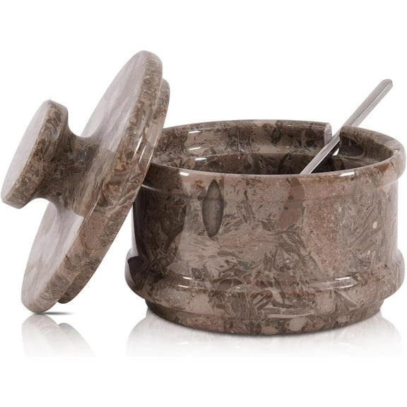 Radicaln Handmade Oceanic Marble Salt Jar with Lid & Spoon– 3" Natural Stone Spice Container for Sea Salt, Sugar, Herbs – Kitchen Countertop Organizer