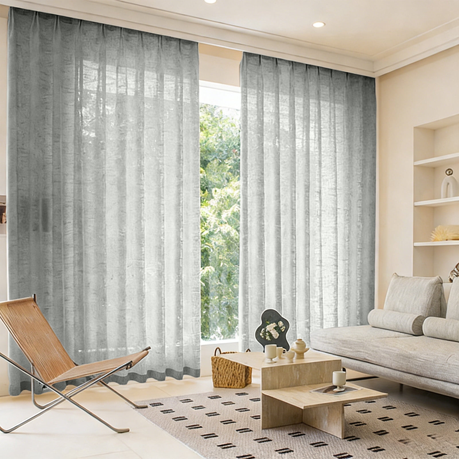 Linen Style Window Curtains Set of 2, Gray Flax Fabric Curtains 150x270cm for Living Room and Bedroom
