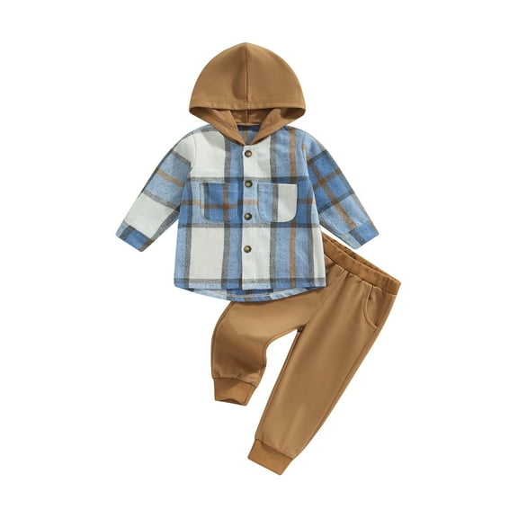 Kid Boy Autumn Clothes Set, 1-6T Plaid Print Long Sleeve Button Hood Shirt Solid Color Trousers