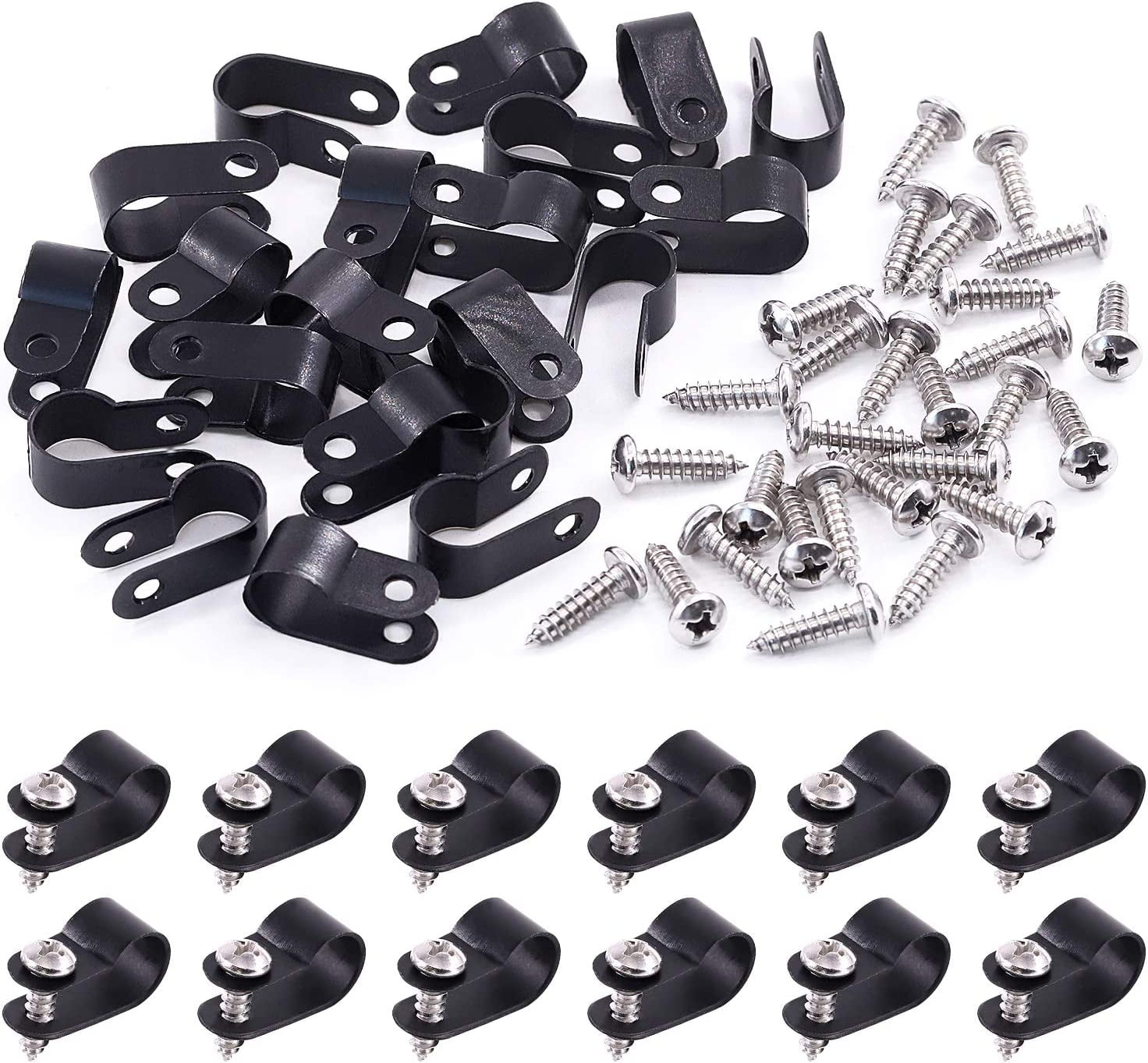 120 Pack Black 3/8 Inch Nylon Plastic R-Type Cable Clips Clamp Kit