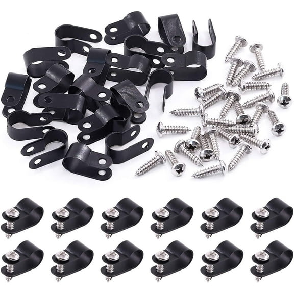 120 Pack Black 3/8 Inch Nylon Plastic R-Type Cable Clips Clamp Kit, Nylon Screw Mounting Cord Fastener Clips with 120 Pack Screws for Wire Management (3/8 Inch, Black)