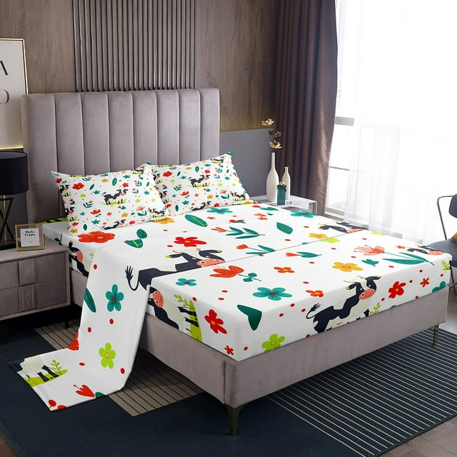 YST Milk Cow Sheet Set Kawaii Animal King Bed Sheets Set For Girls Kids Cute Flower Animal Bed Set, Rustic Farm Animal Sheets Botanical Flower Pattern 3D Top Fitted Sheet 4 Pieces