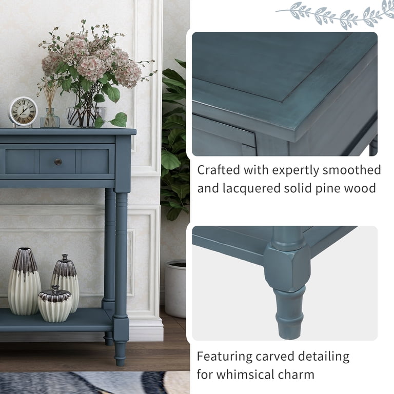 59 Inch Farmhouse Console Table With Drawer - Narrow Curved Wood Side Table For Entryway, Hallway