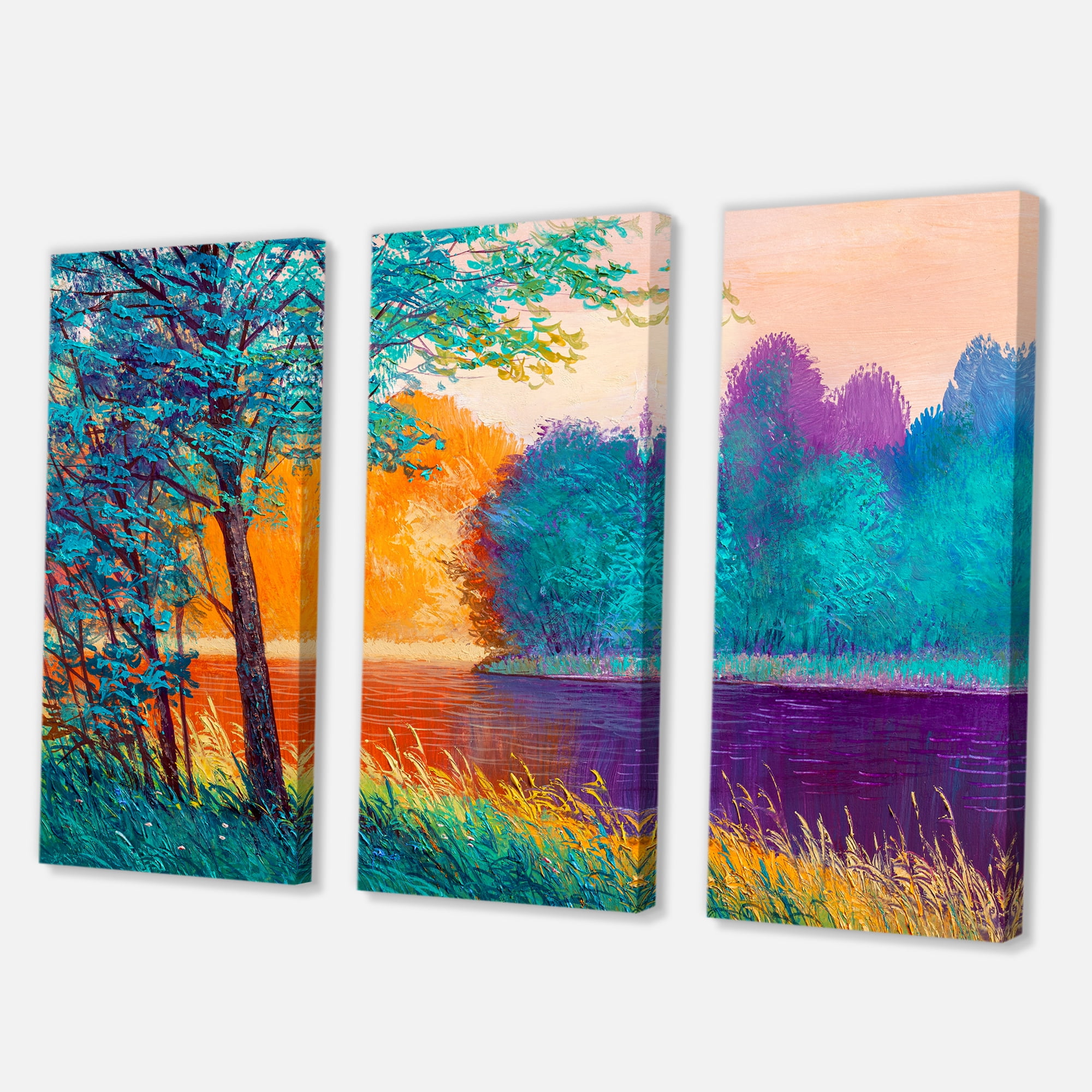 Designart ' Colorful Trees During Twilight Along River ' Traditional Canvas Wall Art Print