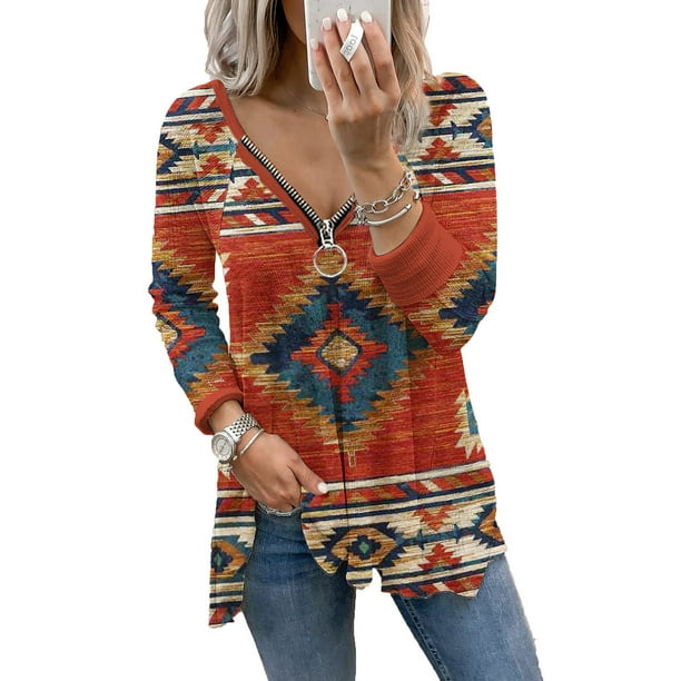 ICHUANYI Clearance Women Casual Retro Aztec Print Long Sleeve Ethnic V-Neck Zipper T-Shirts Tops(Orange, XXL) ICHUANYI WER2023081114584