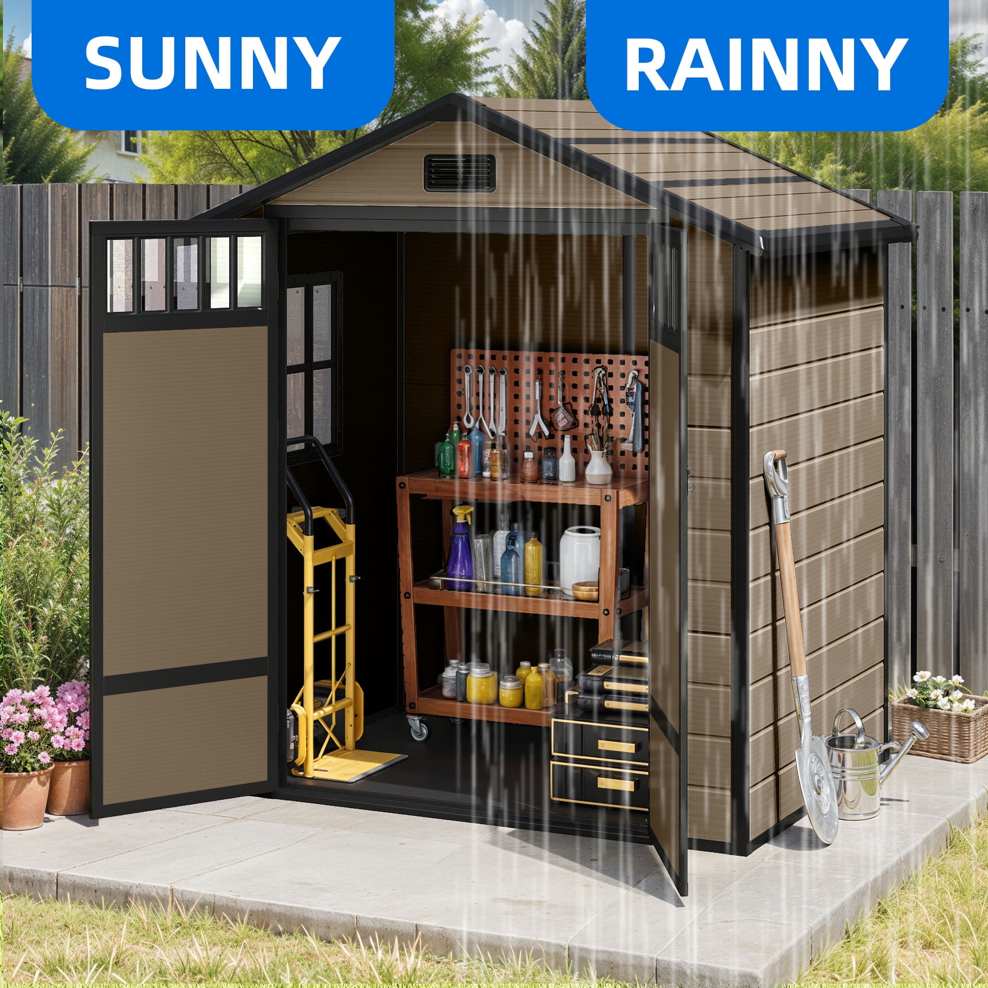 Uforic 6x4.4 FT Outdoor Storage Shed with Floor and Window, Large Storage Shed with Lockable Door, and Vents, Brown