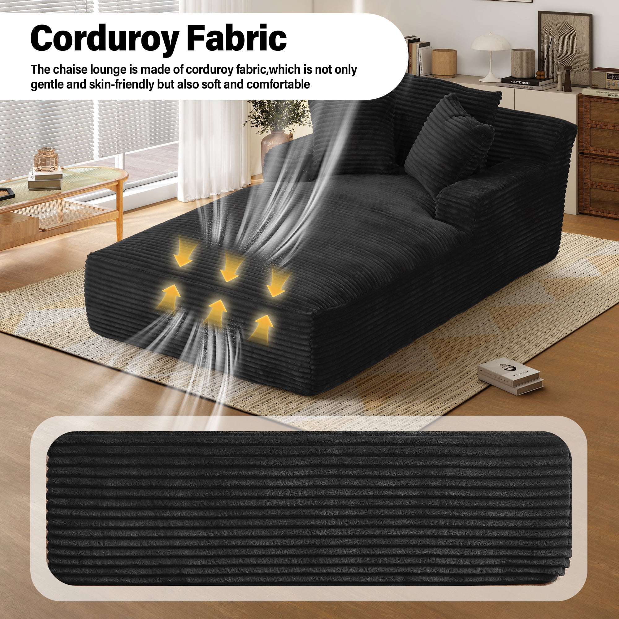 Aukfa 78.7" Extra Long Chaise Lounge Sofa, Oversized Upholstered Couch with 3 Pillows for Indoor Living Room/Bedroom,Black