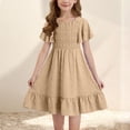 thumbnail image 2 of Fesfesfes Girls'Summer Solid Color Short Sleeve Crew Neck Elastic Waistband Dress with Pockets Casual Comfortable Cotton Blend Dress for Kids(Khaki,6 Years), 2 of 8