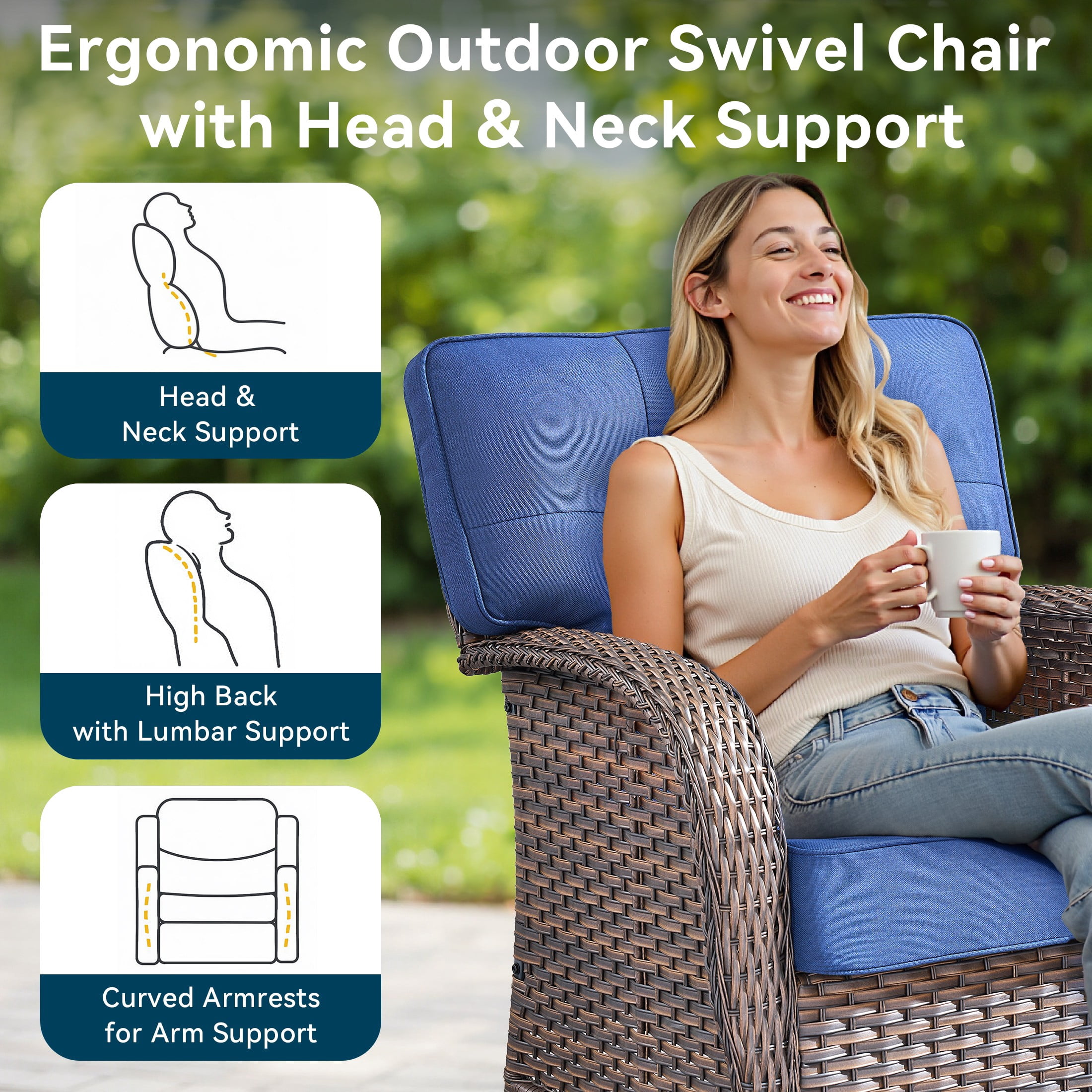 Unnifurnzi 4 Pieces Patio Furniture Set with Fire Pit Table-All Weather Wicker Patio Conversation Sets with Swivel Patio Chairs Outdoor Couch for Deck Porch Garden Balcony Poolside-Brown/Blue