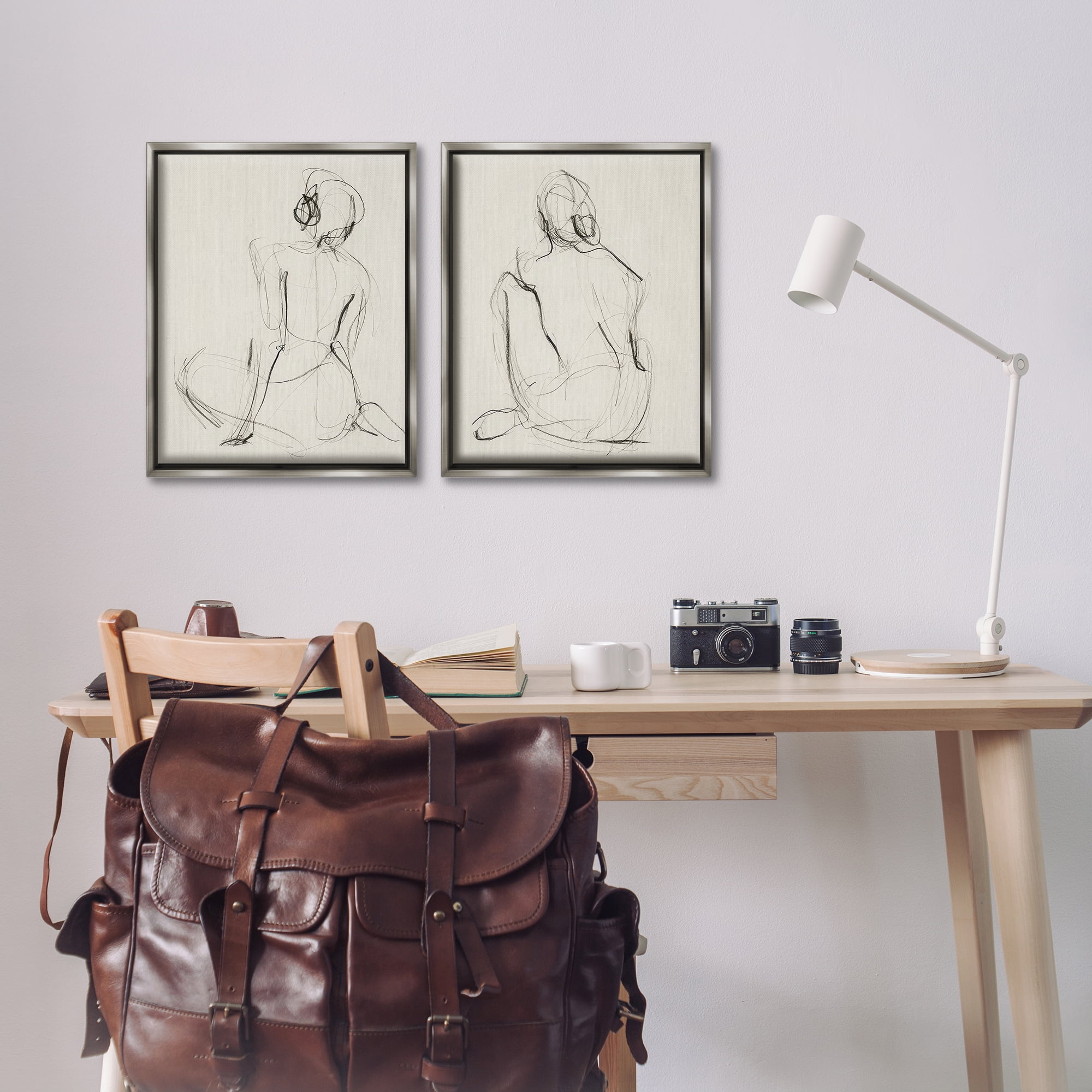 Stupell Industries Sitting Female Figure Drawing People Drawing Gray Floater Framed Canvas Art Print Wall Art, 17 x 21, Set of 2