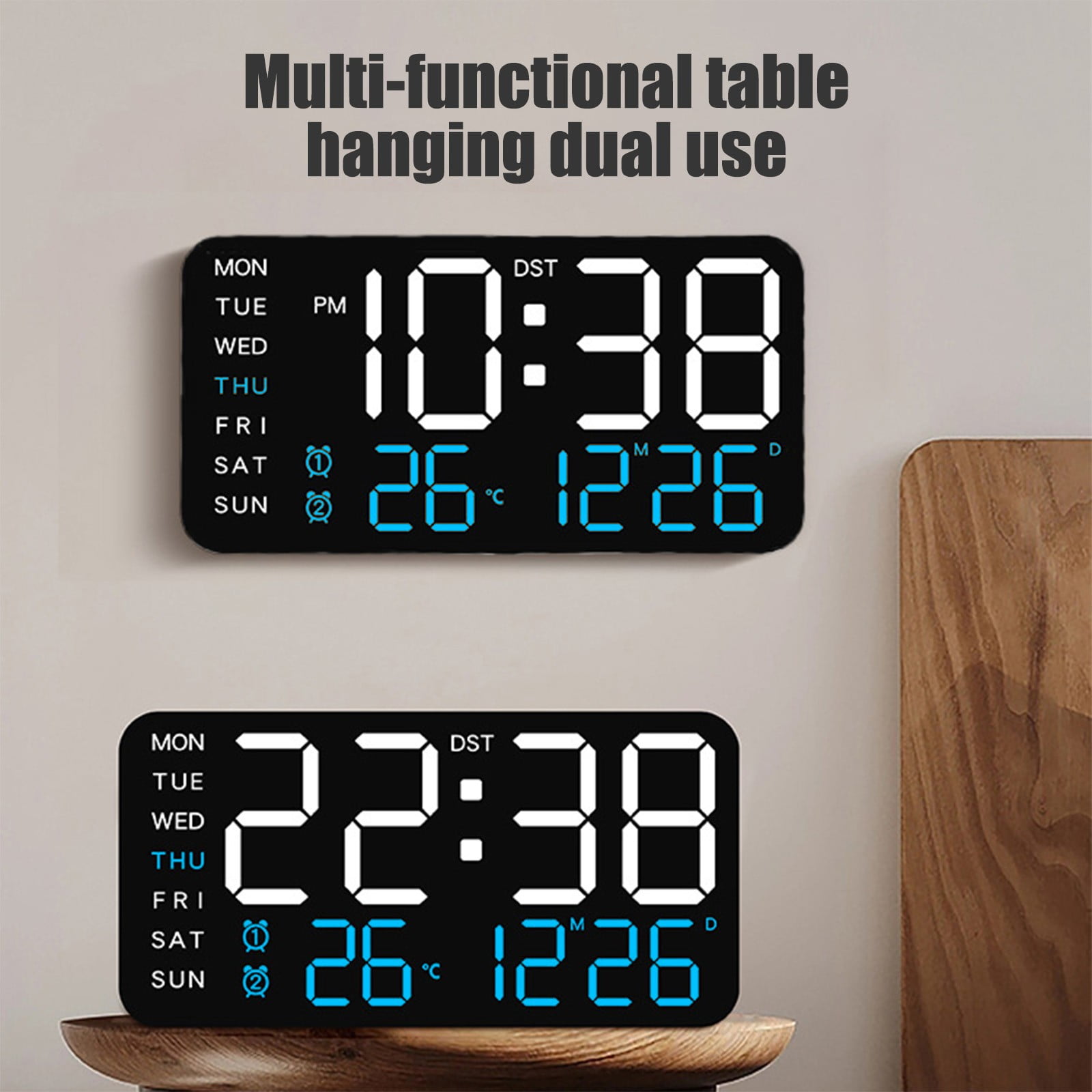 Digital Wall Clock Battery Operated, Desk Clocks with Temperature, Humidity and Date, Large Display Digital Calendar Alarm Clock for Living Room Classroom, Bedroom, Office, Auto DST