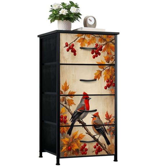 Dresser for Bedroom with 4 Storage Drawers Autumn Birds Red Berries Fall Leaves Vintage Dressers Chest of Drawers Steel Framed Fabric Closet Organizers for Dorm Entryway End Table Living Room