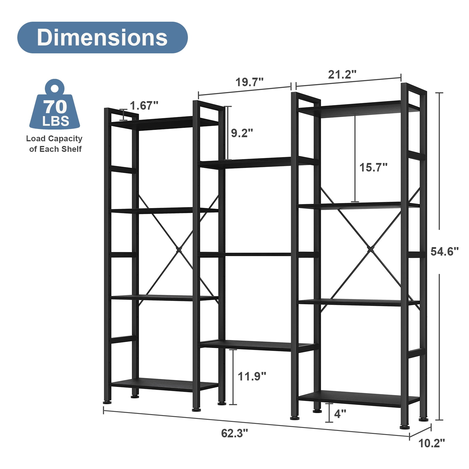 Gianna Modular Bookshelf, Adjustable Height 4-Tier Wide Display Shelves, Convertible Industrial Bookcase for Living Room, Study & Bedroom, Black
