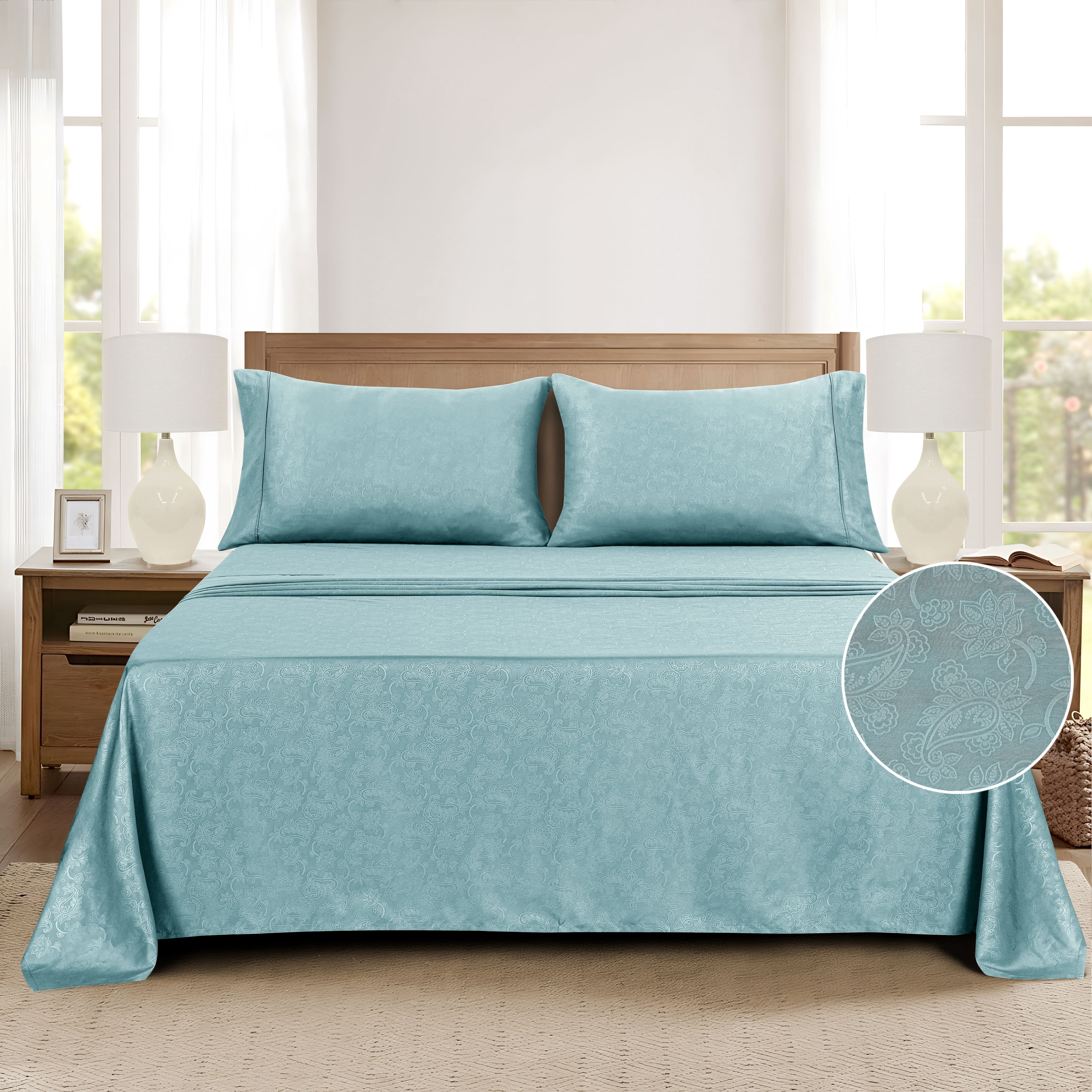 Mainstays Super Soft Brushed Microfiber Bed Sheet Set, Blue Cameo Embossed Hayden Paisley, King, 4 Piece