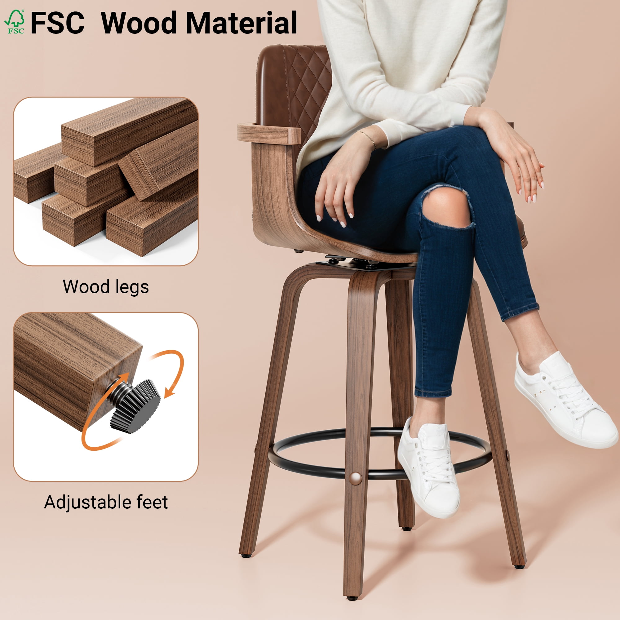 LainTene Bar Stools Set of 4, 26" Bentwood Barstools with Arms High Back, Mid-Century Modern Counter Height Swivel Bar Chairs for Kitchen Island