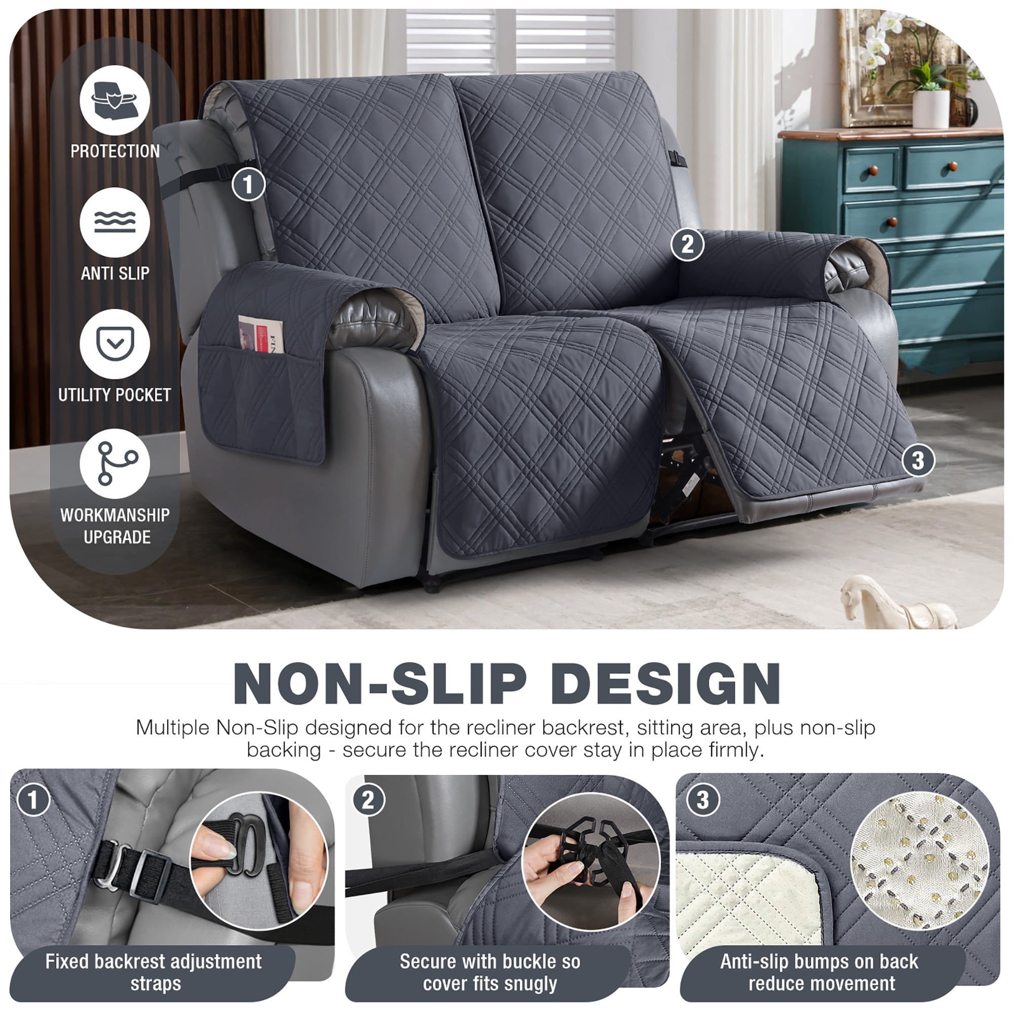 TAOCOCO Waterproof Recliner Couch Covers, Anti-Slip Sofa Slipcovers for Reclining 2 Seater Couch, Split Sofa Cover for Each Seat with Pockets Pets Furniture Protector,Dark Gray