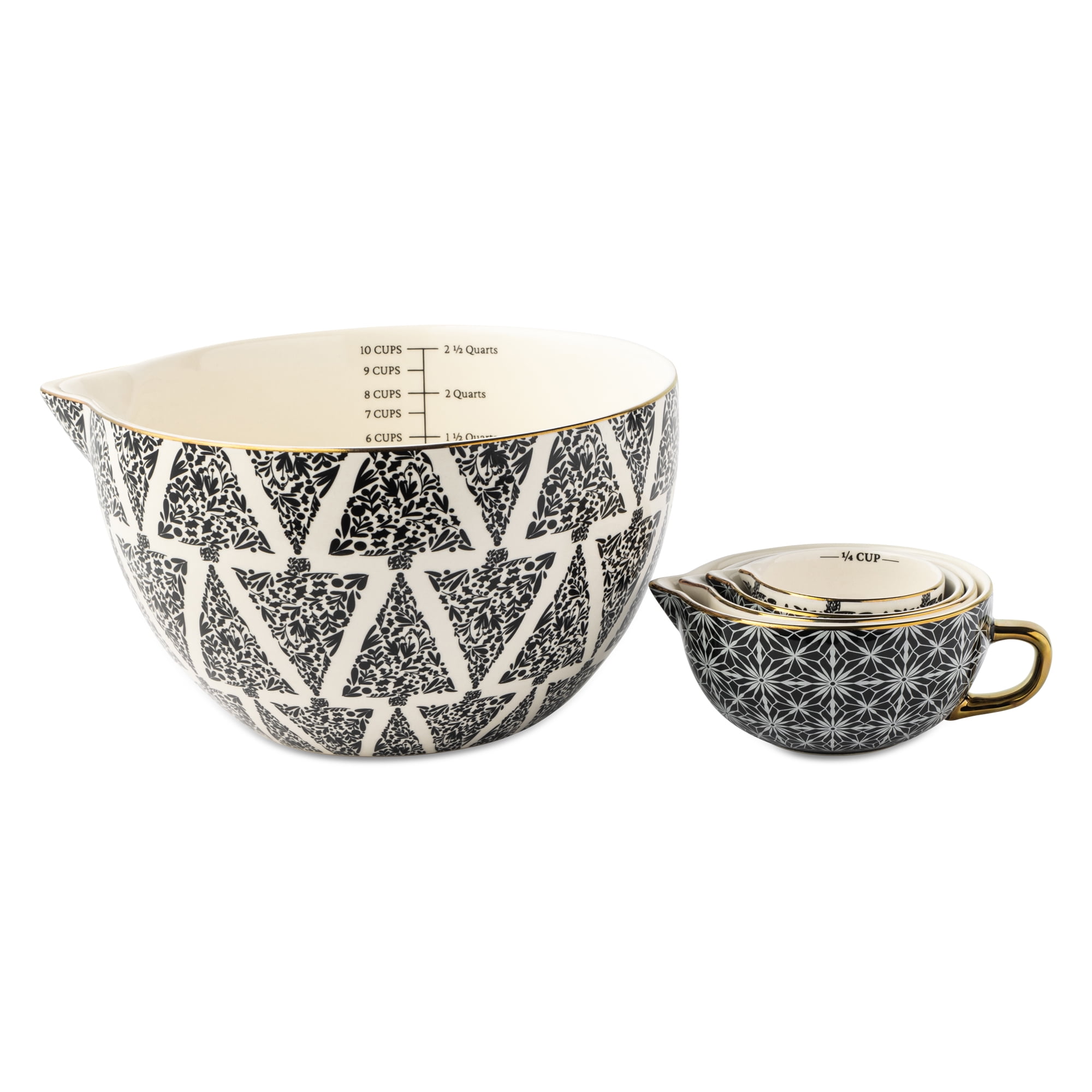 Thyme & Table, Ceramic Mixing Bowl and Measuring Cup Set, Tree Pattern