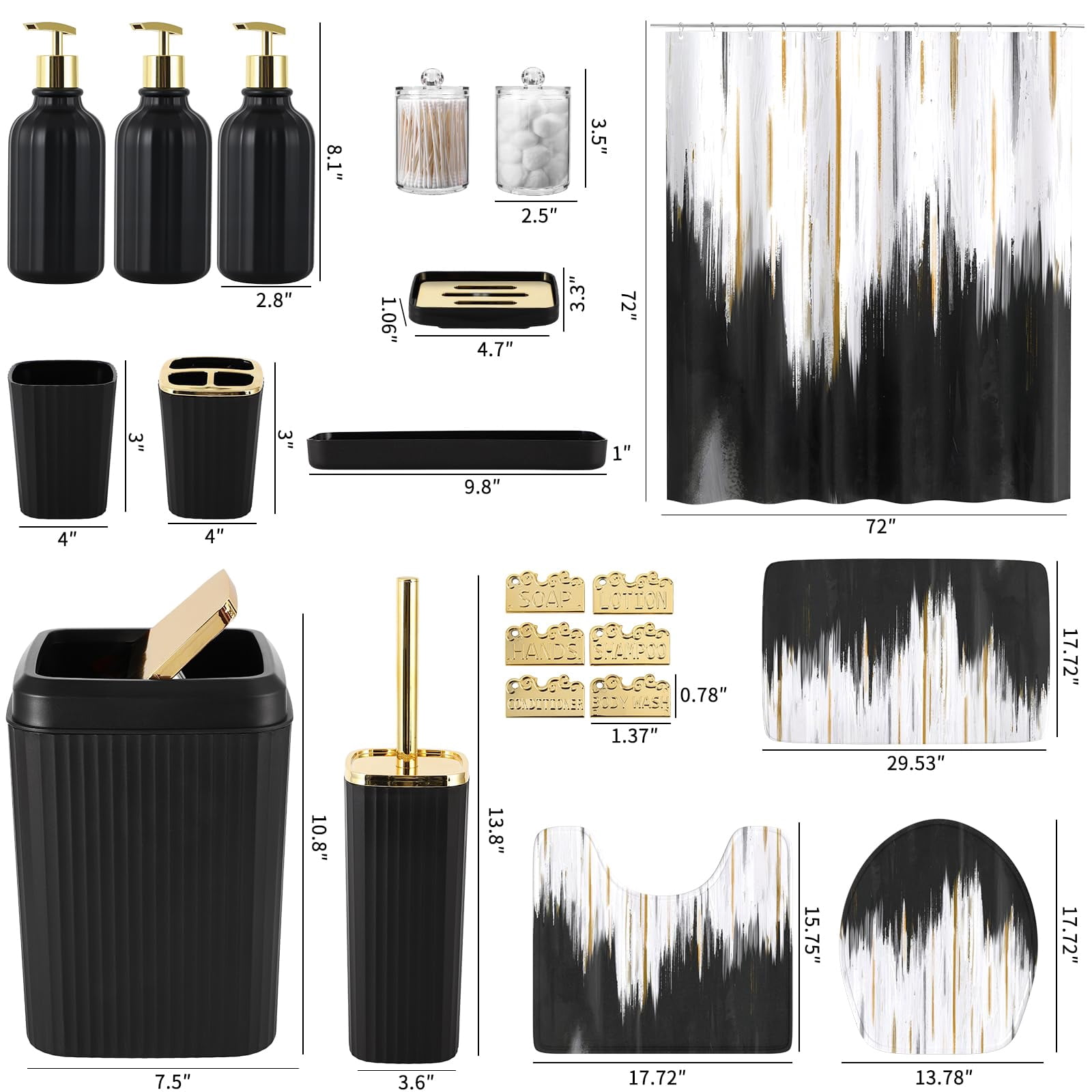 17PCS Bathroom Accessories Bathroom Set Black Bathroom Accessories,Toilet Brush, Trash Can, Qtip Holder Dispenser& 3PCS Soap Dispenser