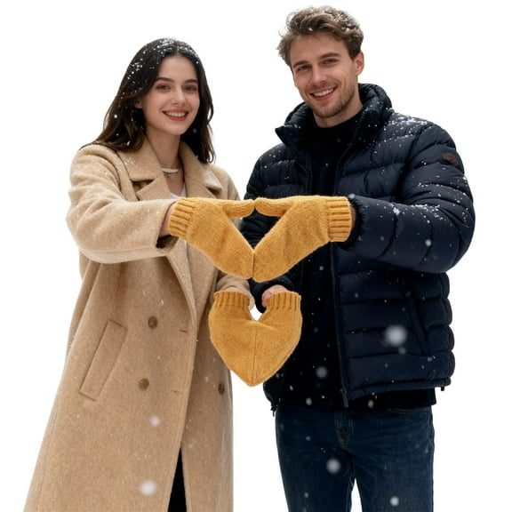 KHONTS Unisex Thermal Couple Connected Mittens with Heart Design for Winter Outdoor Activities and Daily Casual Wear Yellow One Size