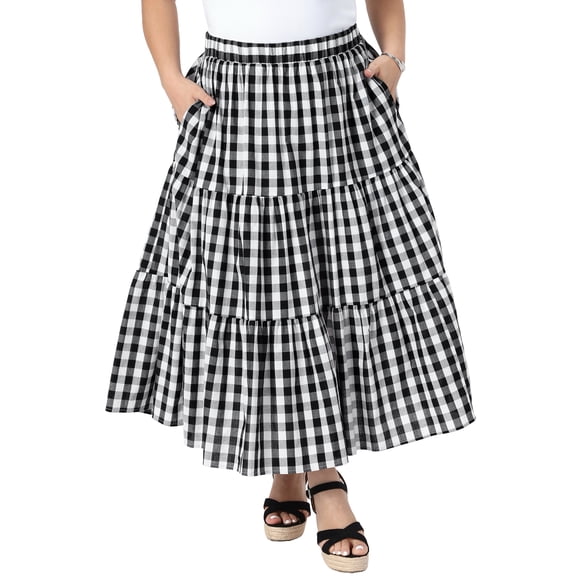 Agnes Orinda Women's Plus Size Plaid Skirts 1950s Gingham Tiered Layer Flowy Maxi Summer Casual A Line Skirts with Pockets 2X Black