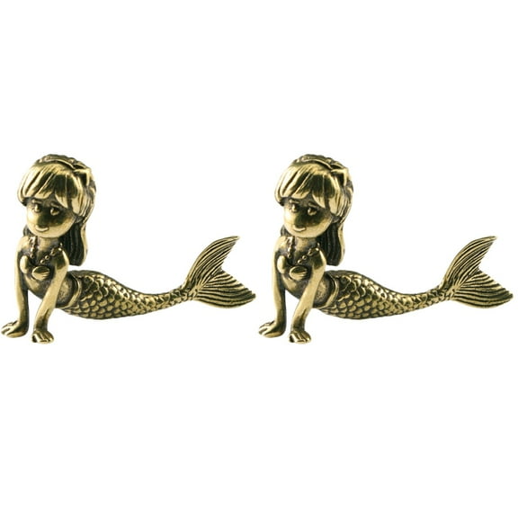 2 Count Gold Mermaid Statue Iridescent Brass Office Decor