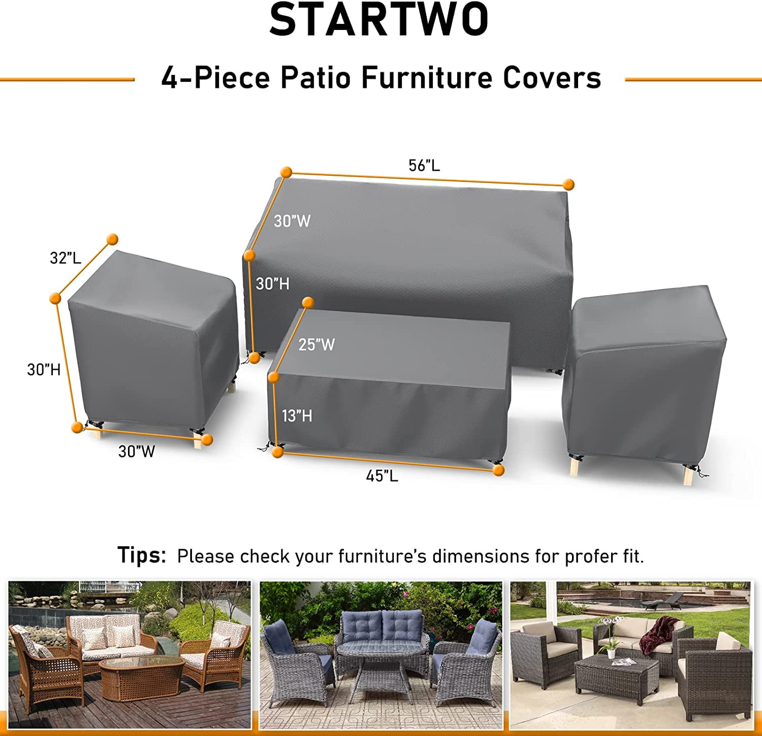 Outdoor Waterproof Patio Furniture Covers 4-Piece Set for Chairs, Loveseat and Coffee Table, Heavy Duty 600D, Grey