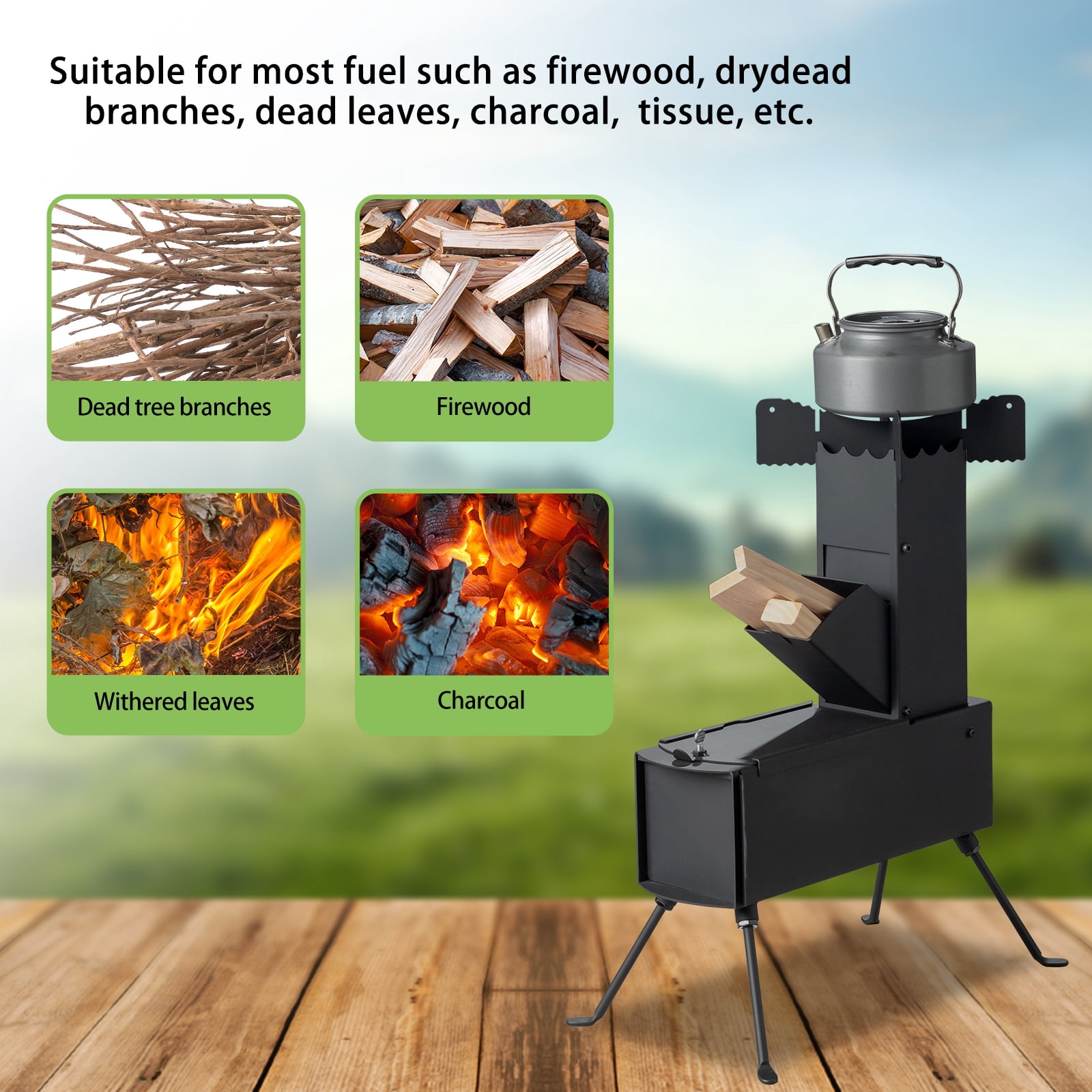 Camping Rocket Stove - Portable Wood Burning Stove, 45° Fuel Chamber, for Outdoor Cooking/Hunting/Fishing
