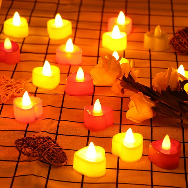 YAOMOBB Bridal Shower Decorations Romantic LED Tealight Candles 24Pcs Set with Artificial Flower Petals Heart Shape Home Decoration Light Kit