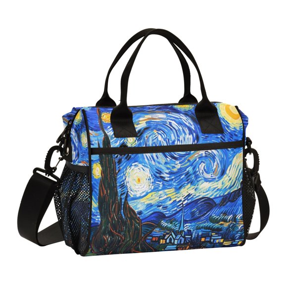 ALAZA Oil Paint Starry Night Pattern Insulated Lunch Bag Reusable Tote Box Adjustable Shoulder Strap for Work Picnic