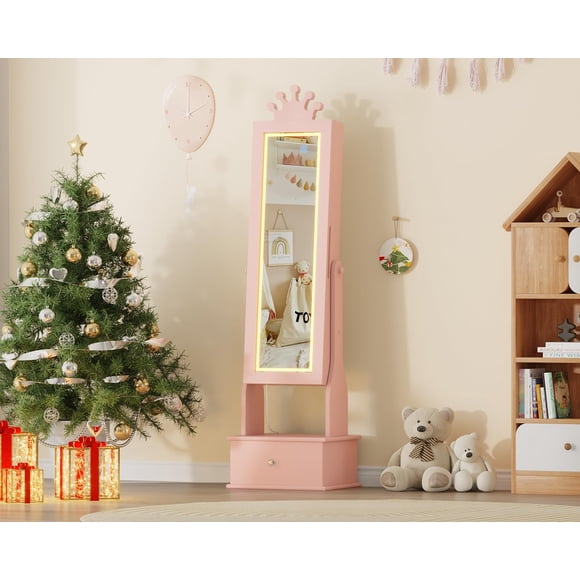 Armoire à Bijoux pour Enfants avec Miroir 46 Pouces – Organisateur de Bijoux pour Filles avec Lumière DEL, Inclinaison Réglable, 3 Tiroirs – Meuble-Lavabo Autoportant avec Miroir Pleine Longueur pour Chambre