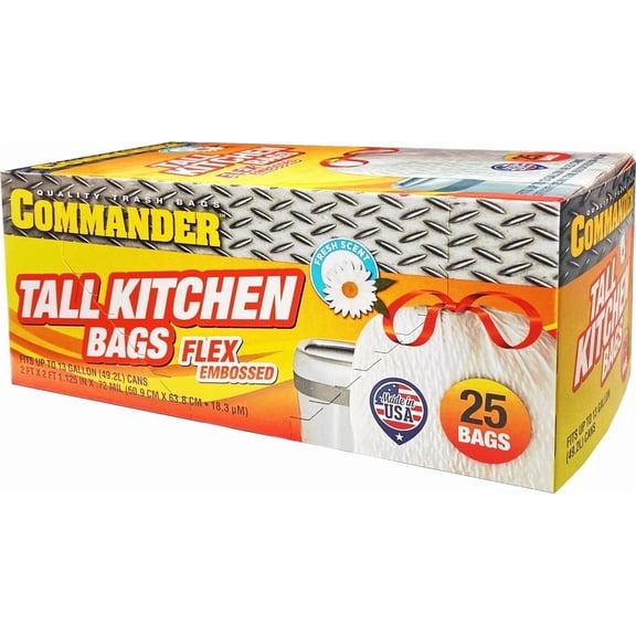Commander 13 Gallon 0.7 MIL Fresh Tall Kitchen White Drawstring Trash Bags - 24" x 25" - Pack of 25 - For Home, Kitchen, & Bathroom (ULR-13G/25-FE-DS Fresh)