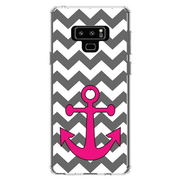 DistinctInk Clear Shockproof Hybrid Case for Samsung Galaxy Note 9 - TPU Bumper, Acrylic Back, Tempered Glass Screen Protector - Grey White Pink Chevron Anchor - Nautical Design