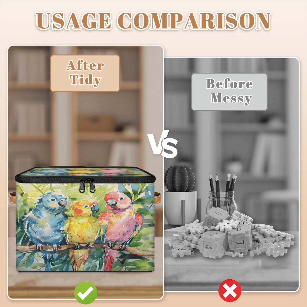CURLYOOT Bird Fabric Storage Bins with Lids, Colorful Tropical Bird Parrot Foldable Storage Boxes Washable Storage Cube, Closet Bedroom Home Organizer Containers with PU Leather Handles