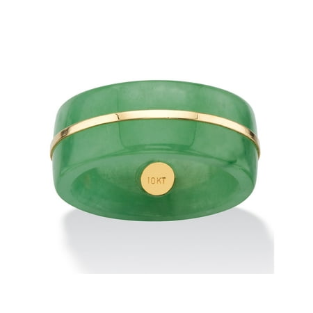 Jade Floral Band Ring - Genuine Green Jade Striped Ring Band with 10k Yellow Gold Accent