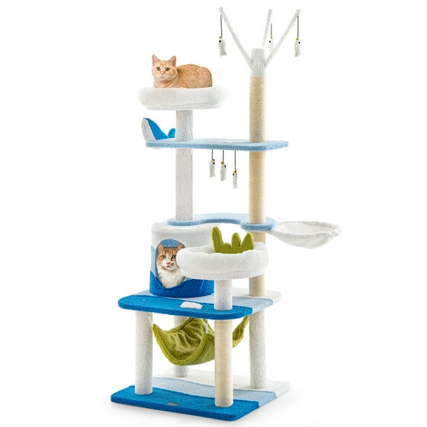 Costway Árbol Para Gatos Con Temática Oceánica Para Interior, Soporte De Escalada Para Gatos De Varios Niveles Con Rascadores De Sisal, Juguetes Colgantes, Torre Para Gatos Con Cesta Y Hamaca