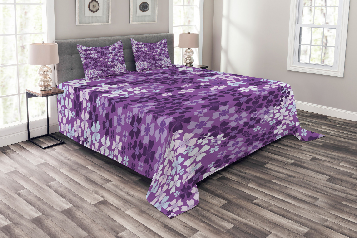 Flower Bedspread Set, Lilac Flowers Blossoms in Spring Romantic Stylish