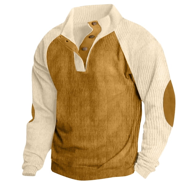 Blusa y camisa de manga larga con cuello alto para hombre, estilo casual, con retazos, a la moda, de manga larga, con cuello alto y botones.