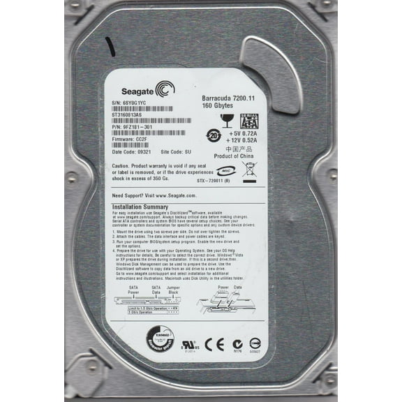 ST3160813AS, 6SY, SU, PN 9FZ181-301, FW CC2F, Seagate 160GB SATA 3.5 Hard Drive